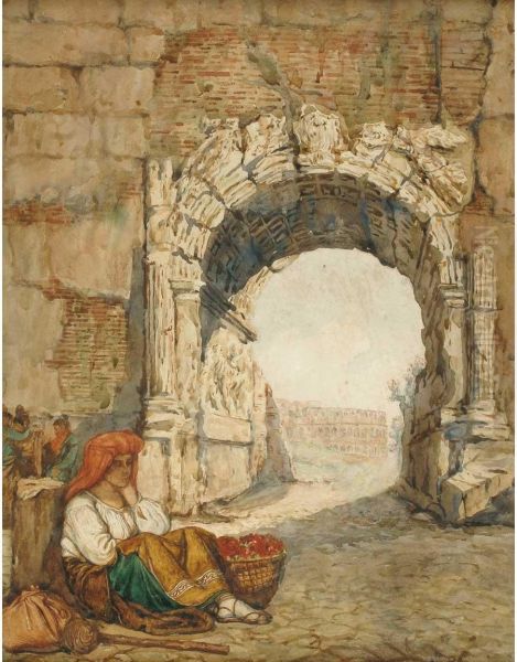 Venditrice Di Ortaggi Nei Pressi Del Colosseo Oil Painting by Augusto Bompiani