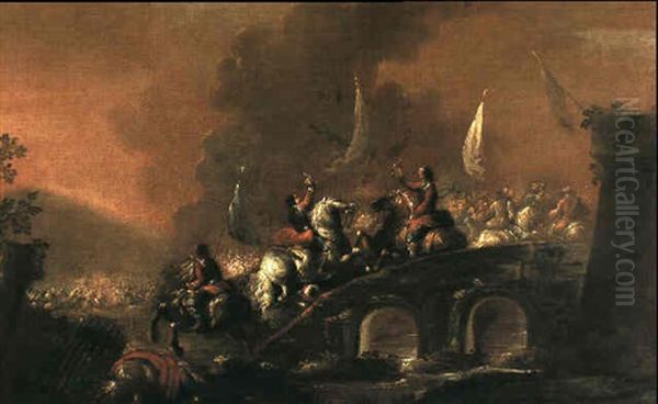 A Cavalry Battle With Horsemen Taking A Bridge Oil Painting by August Querfurt