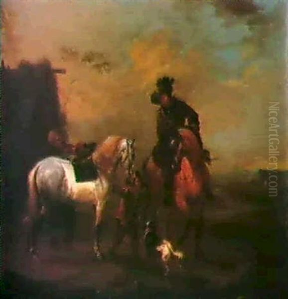 Zwei Reiter Vor Einem Bauernhaus. Oil Painting by August Querfurt