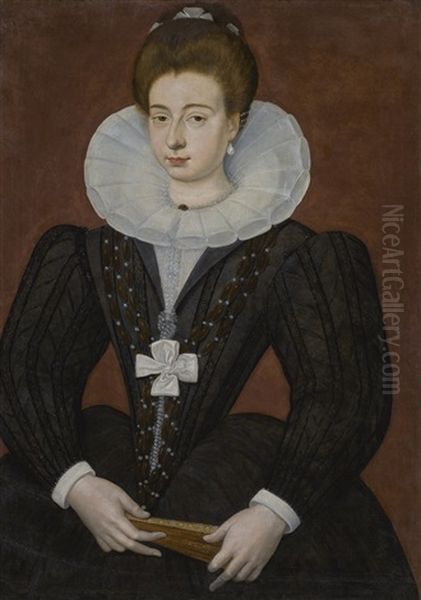 Portrait Of A French Noblewoman, Half-length, Wearing A Ruff, Pearls, A Cross-shaped Ribbon, And Holding A Fan Oil Painting by Francois Quesnel