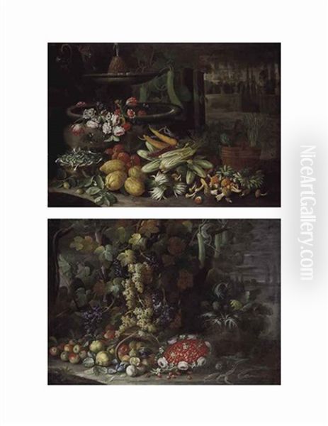 Flowers, Fruit, And Vegetables, With Morels And Other Mushrooms Beside A Fountain In A Villa Garden (+ Grapes And Other Fruit And Vegetables...; Pair) Oil Painting by Francesco Della Questa