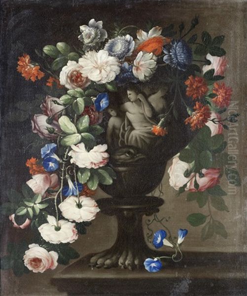 Tulips, Peonies, Jasmine And Other Flowers In A Classical Carved Stone Urn, Before An Open Landscape; And Roses, Carnations, Convolvulus And Other Flowers In A Classical Carved Stone Urn, On A Table (pair) Oil Painting by Francesco Della Questa