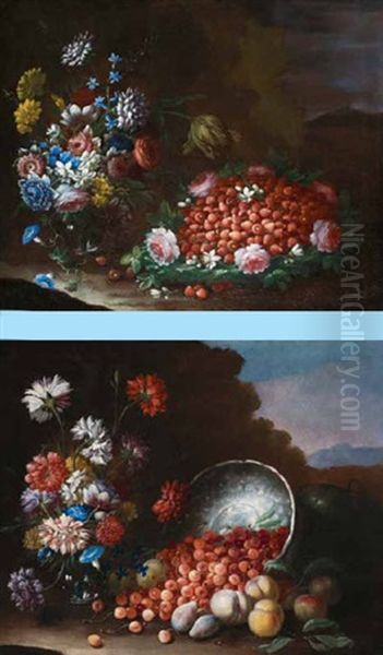 Natura Morta Di Fiori E Frutta (2 Works) Oil Painting by Francesco Della Questa