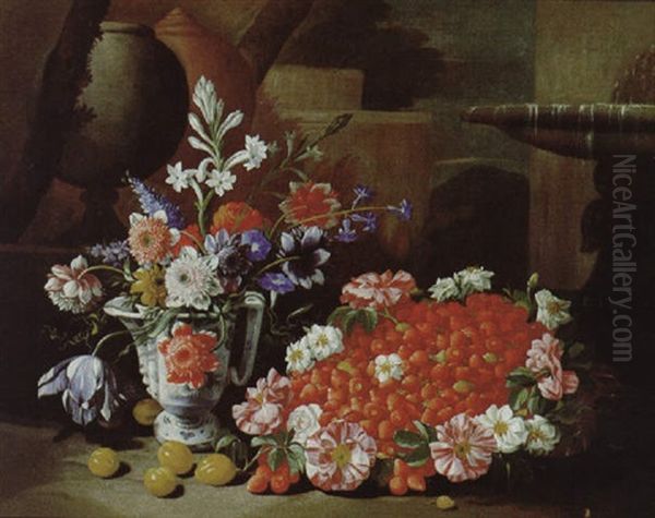 Natura Morta Con Frutta E Fiori, Firmato A Destra Oil Painting by Francesco Della Questa