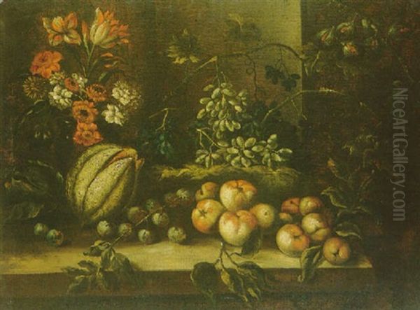 Nature Morte Au Bouquet De Fleurs De Fruits Disposes Sur Un Entablement Oil Painting by Francesco Della Questa