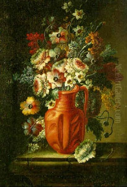 A Still Life Of Narcissi, Poppies And Others Flowers In An Earthenware Vase On A Stone Ledge Oil Painting by Francesco Della Questa