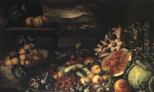 Nature Morte A La Pasteque Et Au Panier De Fruits Oil Painting by Francesco Della Questa