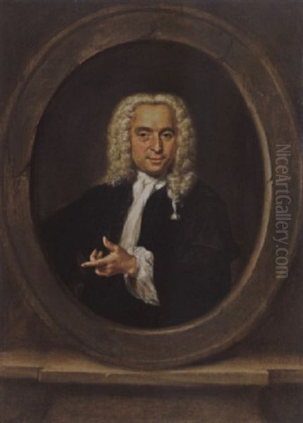 A Portrait Of A Gentleman, Wearing A Black Coat, A White Chemise And A Wig, In A Stone Cartouche by Jan Maurits Quickhard