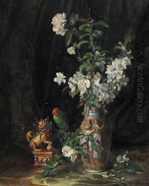 Stilleben Mit Kirschenblumen Und Papagei Oil Painting by Fritz Quidenus