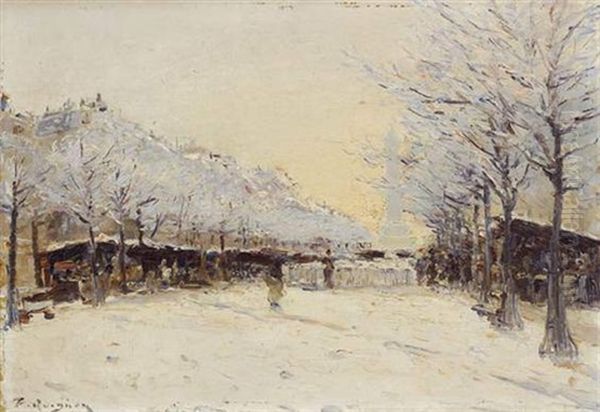 Paris, Brocante Sous La Neige A La Bastille Oil Painting by Fernand (Just) Quignon