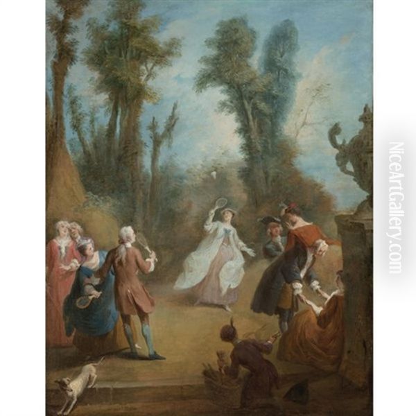 Elegant Figures Playing Shuttlecock In A Park Oil Painting by Pierre-Antoine Quillard