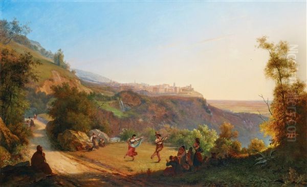 Tivoli With Dancers In The Foreground Oil Painting by Charles Louis Francois Quinart