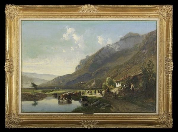 Landscape With Cattle And Figures, Mountain In The Background Oil Painting by Joseph Quinaux