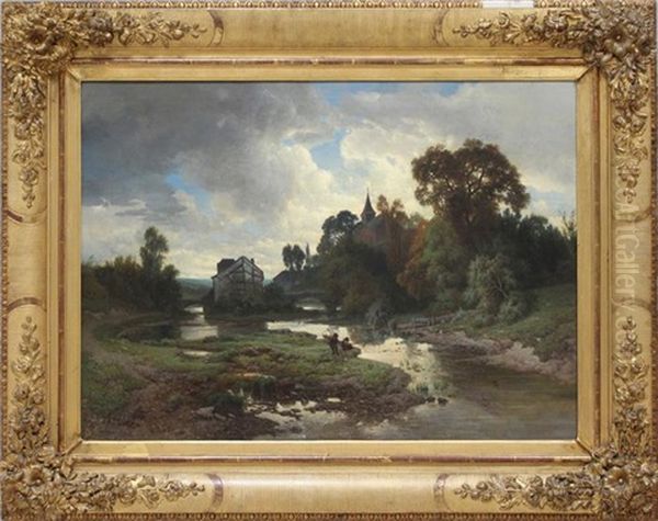 Angler An Einem Flusslauf Vor Kleinstadt by Joseph Quinaux