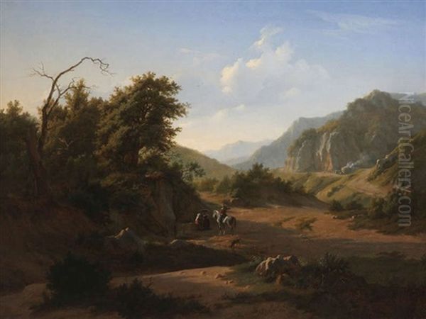 Paysage Montagneux Mediterraneen Anime D'un Homme A Cheval Et D'un Couple De Femmes Pres De L'abreuvoir Oil Painting by Joseph Quinaux