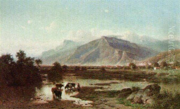 An Extensive Landscape With Cattle Watering Oil Painting by Joseph Quinaux