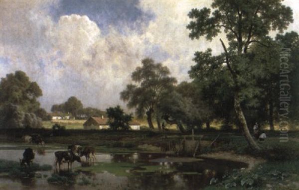 Zomerlandschap Met Koeien Bij De Poel Oil Painting by Joseph Quinaux