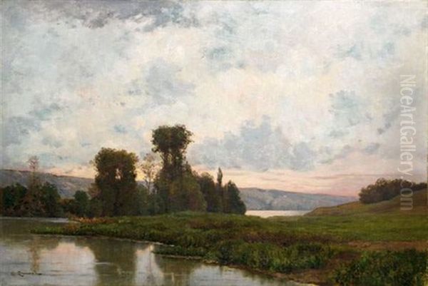 Bord De Seine A Rangiport Oil Painting by Charles-Henri Quinet