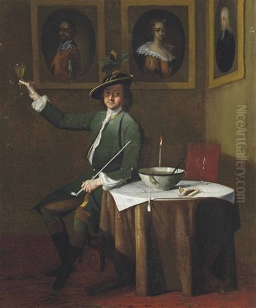 A Gentleman In A Green Coat Smoking And Drinking In An Interior, With A Sprig Of Oak In His Hat Oil Painting by Jan Maurits Quinkhardt