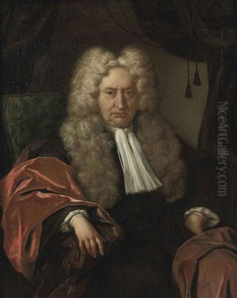 Portrait Of A Gentleman In A Black Costume And A Red Velvet Cloak, Seated In A Chair Oil Painting by Jan Maurits Quinkhardt