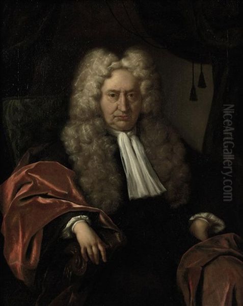 Portrait Of A Gentleman In A Black Costume And A Red Velvet Cloak, Seated In A Chair Oil Painting by Jan Maurits Quinkhardt