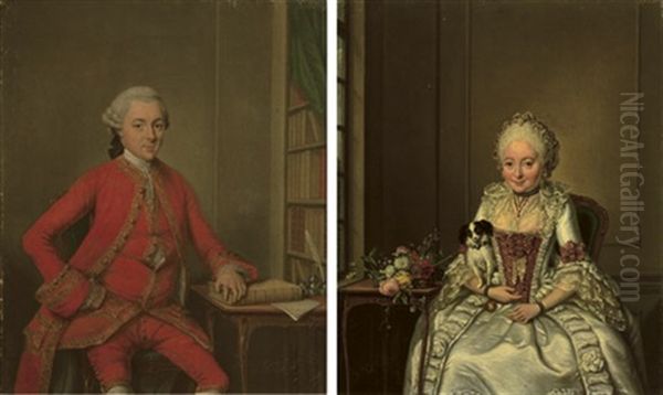 Portrait Of Gentleman In A Red Costume And Wig (+ Portrait Of A Lady In A White Satin Dress; Pair) Oil Painting by Jan Maurits Quinkhardt