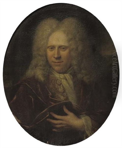 Portrait Of A Gentleman In A Dark Red Robe, A White Chemise And An Embroidered Vest Oil Painting by Jan Maurits Quinkhardt