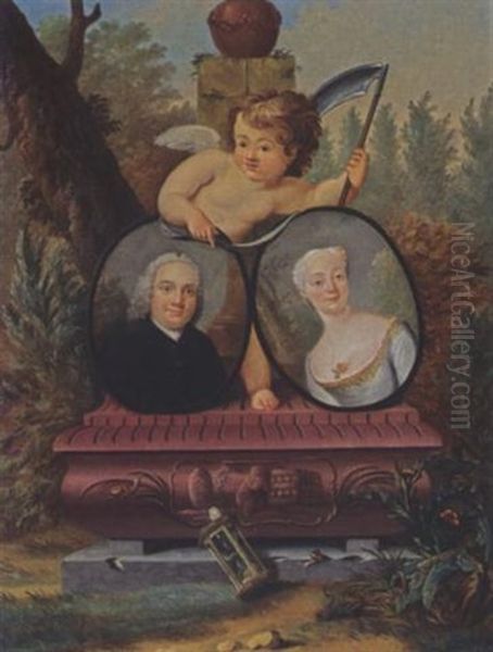 A Memento Mori Portrait: A Portrait Of A Gentleman Wearing A Black Suit, And A Portrait Of His Wife Wearing A Grey Dress, In A Park Setting Oil Painting by Jan Maurits Quinkhardt