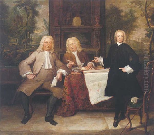 An Elegant Interior With A Portrait Of Two Gentlemen And A Clerk, A Wooded Landscape Visible Beyond Oil Painting by Jan Maurits Quinkhardt