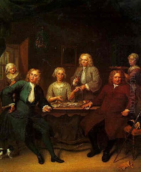 Portrait Of Group Family Seated At A Table In Interior, Eating Oysters Oil Painting by Jan Maurits Quinkhardt