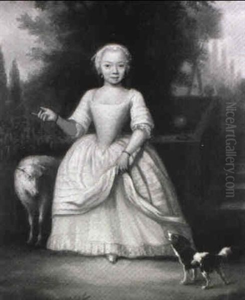 Portrait Of A Young Girl, Full Length, In A White And Pink  Dress, With A Sheep And A Dog, In A Garden Oil Painting by Jan Maurits Quinkhardt