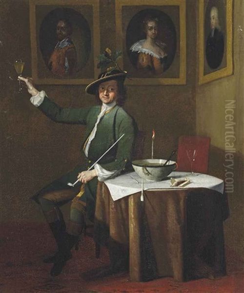 A Gentleman In A Green Coat Smoking And Drinking In An Interior, With A Sprig Of Oak In His Hat by Julius Quinkhardt