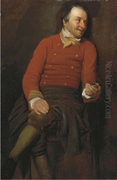 A Study Of A Man, In A Red Vest, Holding A Snuff Box In His Left Hand Oil Painting by Julius Quinkhardt