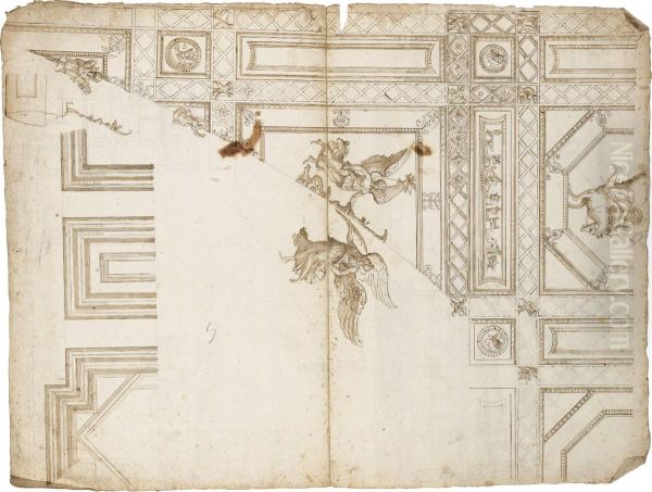 Designs For A Ceiling Decoration With Winged Figures Oil Painting by Perino del Vaga (Pietro Bonaccors)