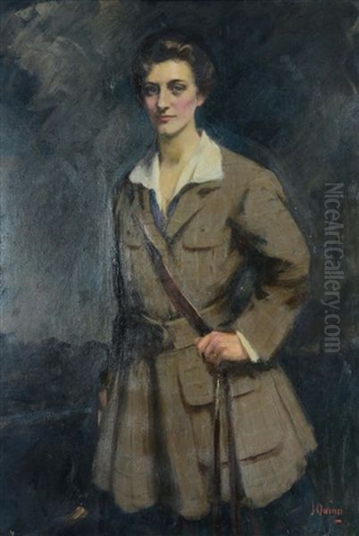 Three Quarter Length Portrait Of A Young Lady Wearing A Check Pattern Khaki Coat And With Dog Alongside by James Peter Quinn