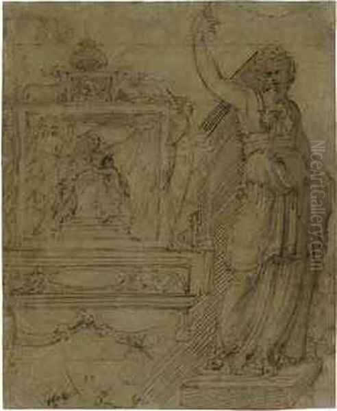 Design For The Wall Of A Chapel, With A Panel Of The Madonna And Child, A Further Study Of An Allegorical Female Figure Oil Painting by Perino del Vaga (Pietro Bonaccors)