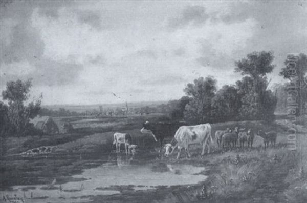 Cattle In A River Landscape Oil Painting by Alfred Robert Quinton