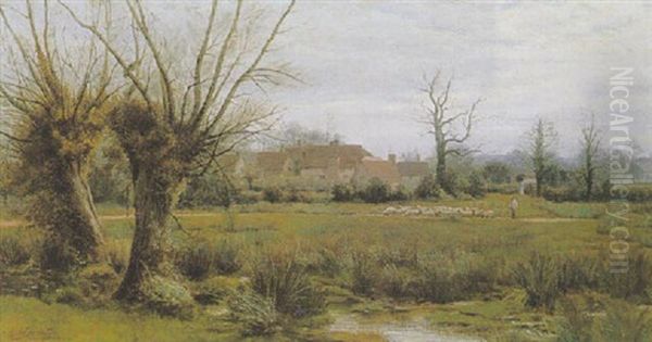 Herding Sheep Past A Hamlet Oil Painting by Alfred Robert Quinton