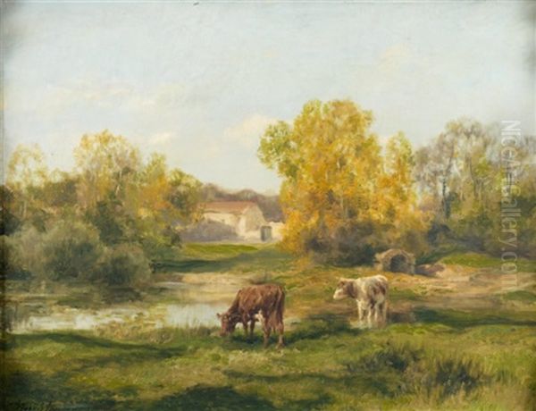 Deux Vaches Aux Abords De La Ferme Oil Painting by Charles Henri Quinton