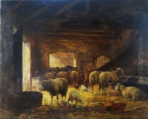 Sheep In A Barn Oil Painting by Clement (Charles-Henri) Quinton