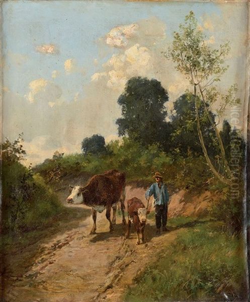 Berger Et Ses Vaches Oil Painting by Clement (Charles-Henri) Quinton