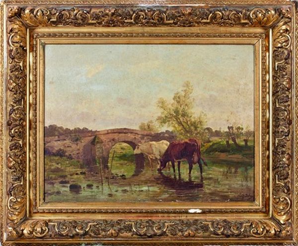 Vaches A La Riviere Oil Painting by Clement (Charles-Henri) Quinton