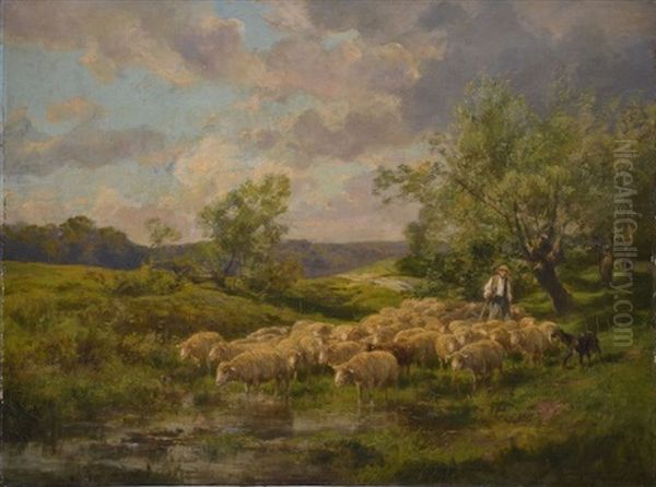 Berger Et Ses Moutons A La Mare Oil Painting by Clement (Charles-Henri) Quinton