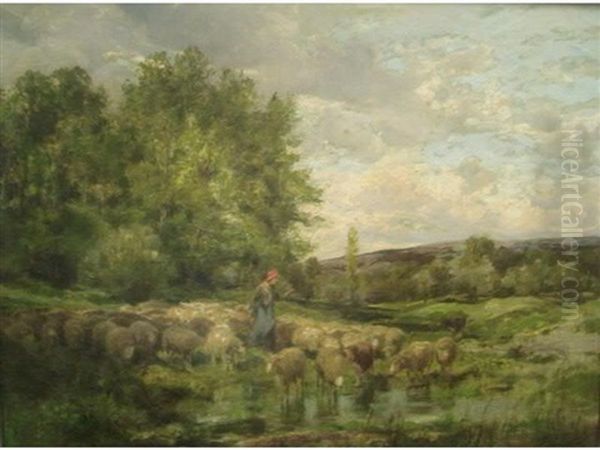 Scene De Paturage Aux Moutons Oil Painting by Clement (Charles-Henri) Quinton