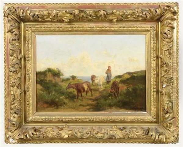 La Bergere Et Son Troupeau Oil Painting by Clement (Charles-Henri) Quinton