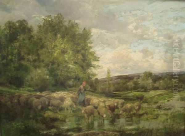 Scene De Paturage Aux Moutons Oil Painting by Clement (Charles-Henri) Quinton