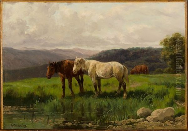 Chevaux Au Paturage Oil Painting by Clement (Charles-Henri) Quinton