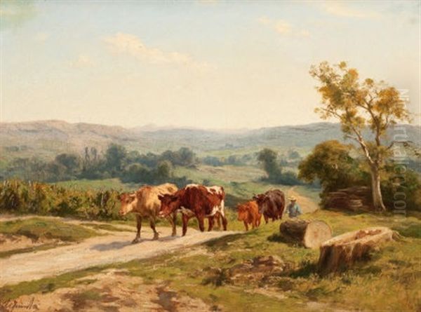 Cows Along A Country Road Oil Painting by Clement (Charles-Henri) Quinton