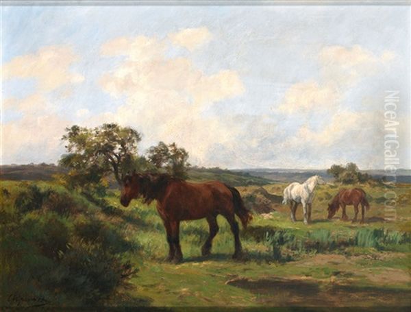 Weite Landschaft Mit Drei Grasenden Pferden Oil Painting by Clement (Charles-Henri) Quinton