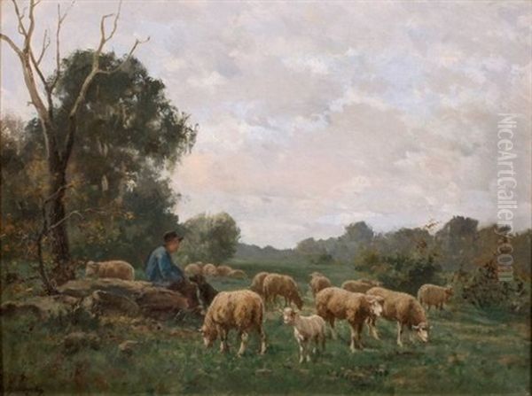 Jeune Berger Et Troupeau De Moutons Oil Painting by Clement (Charles-Henri) Quinton